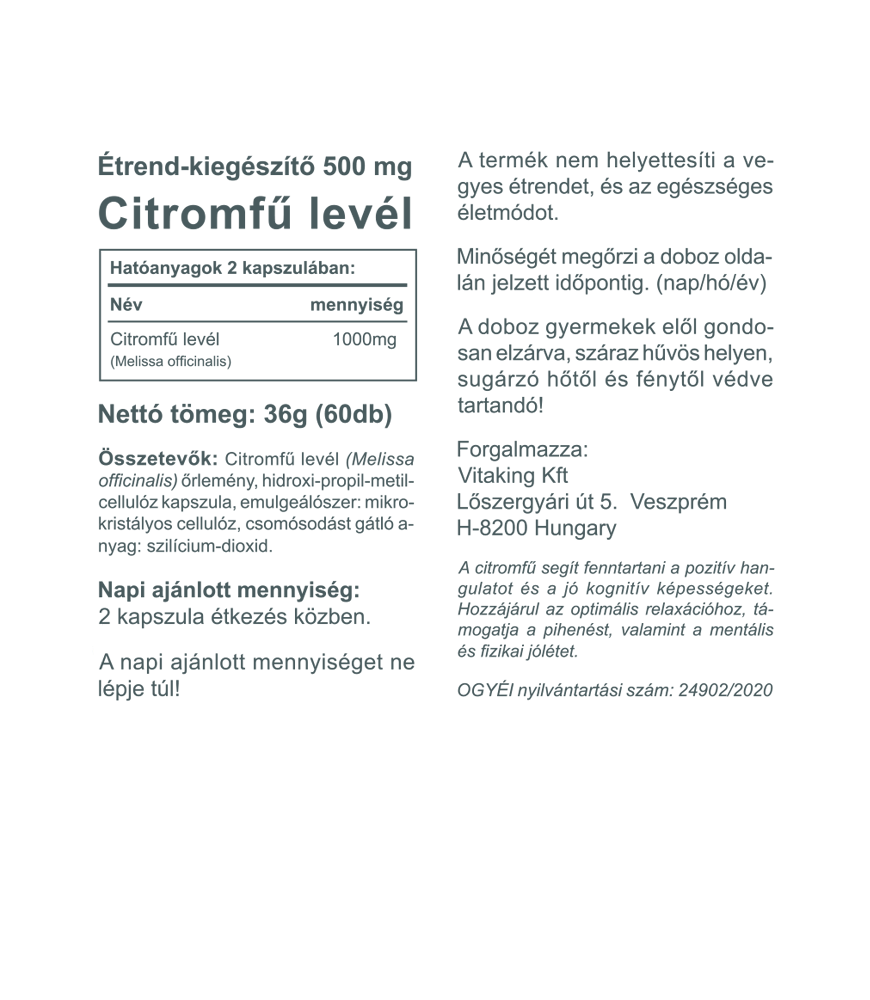 #Vitaking #Citromfűlevél #500mg #60kapszula #Supplememtfacts