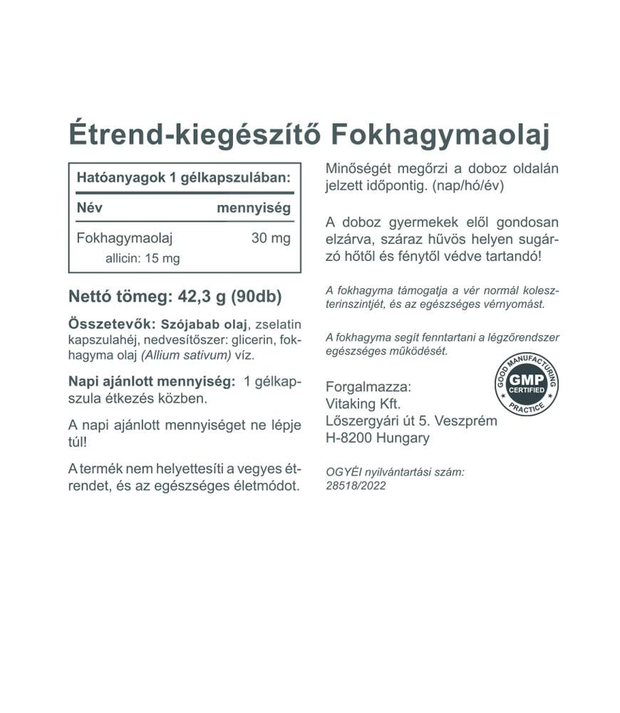 #Vitaking #Fokhagymaolaj #15mg #Allicin #90lágykapszula #Supplementfacts