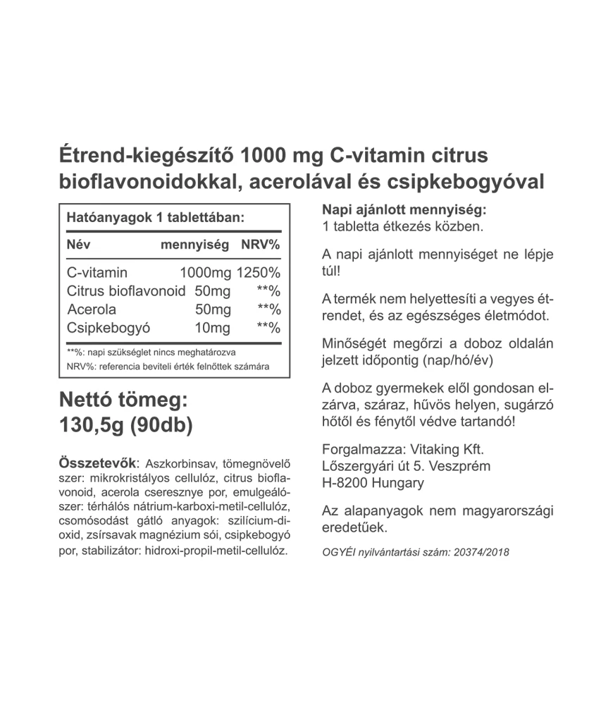 #Vitaking #C-1000 #Bioflavonoidok #Acerola #Csipkebogyó #30tabletta #Supplementfacts